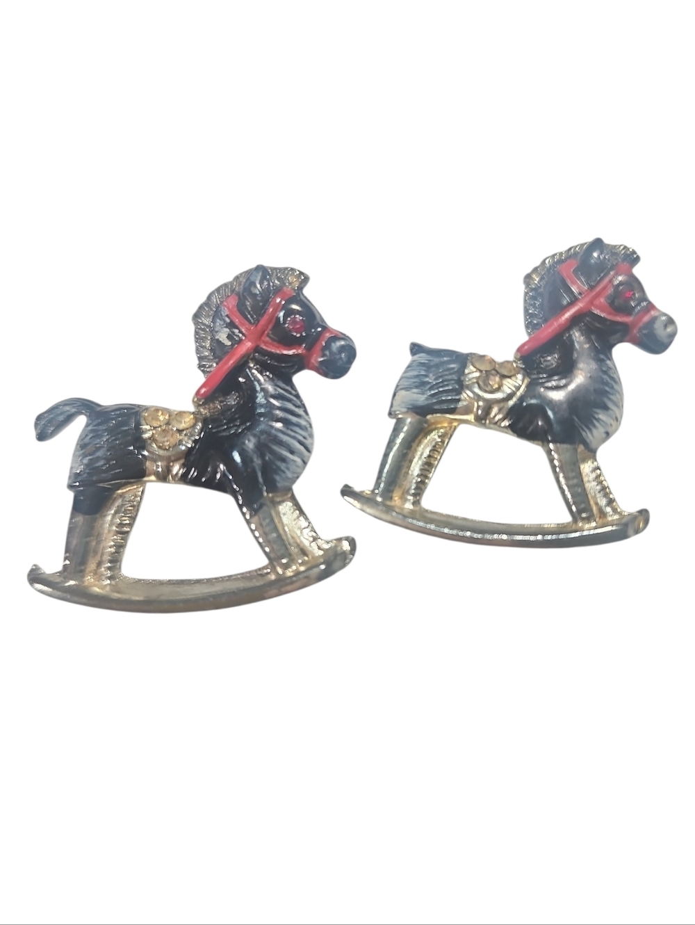 Pair Of Vintage Black & Red Rocking Horse Pins / Brooches - Equestrian Kitsch